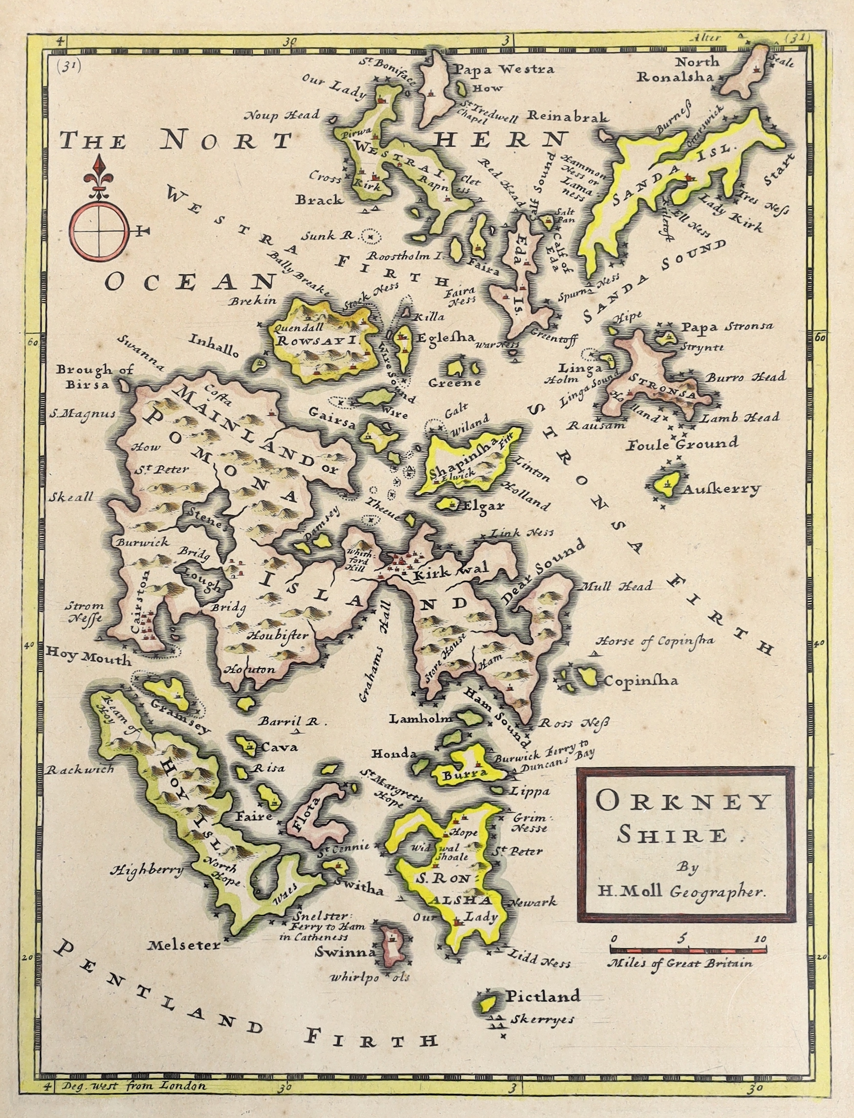 Herman Moll (1654-1732), hand coloured map of Orkneyshire, 32 x 22cm